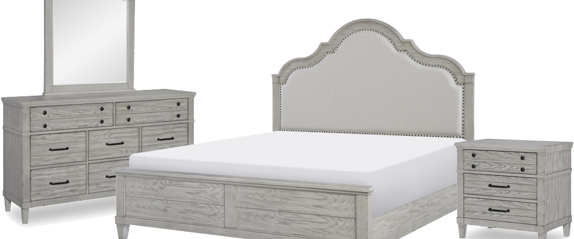 Queen Upholstered Panel Bed, 8 Drawer Dresser, Arched Mirror, and Nightstand