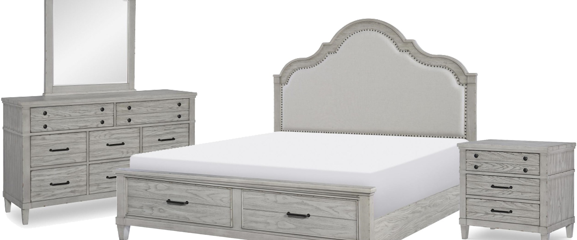 Queen Upholstered Storage Panel Bed, 8 Drawer Dresser, Arched Mirror, and Nightstand