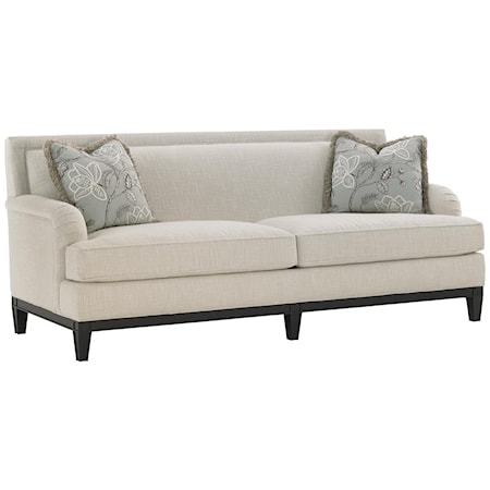 Transitional Aubrey Sofa with English Arms and Exposed Wood Base