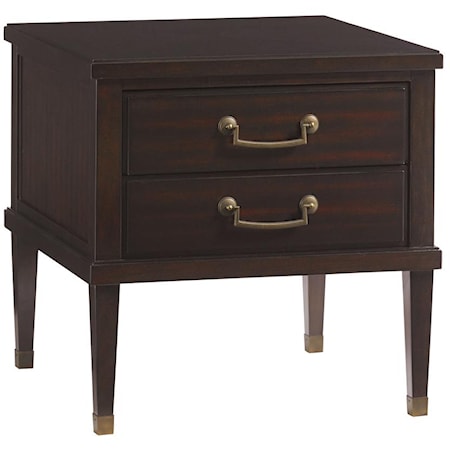 Transitional Chandler Two Drawer End Table with Burnished Brass Ferrules