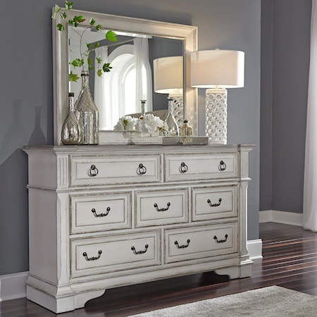 Traditional 7 Drawer Dresser with Felt Lined Top Drawers and Mirror