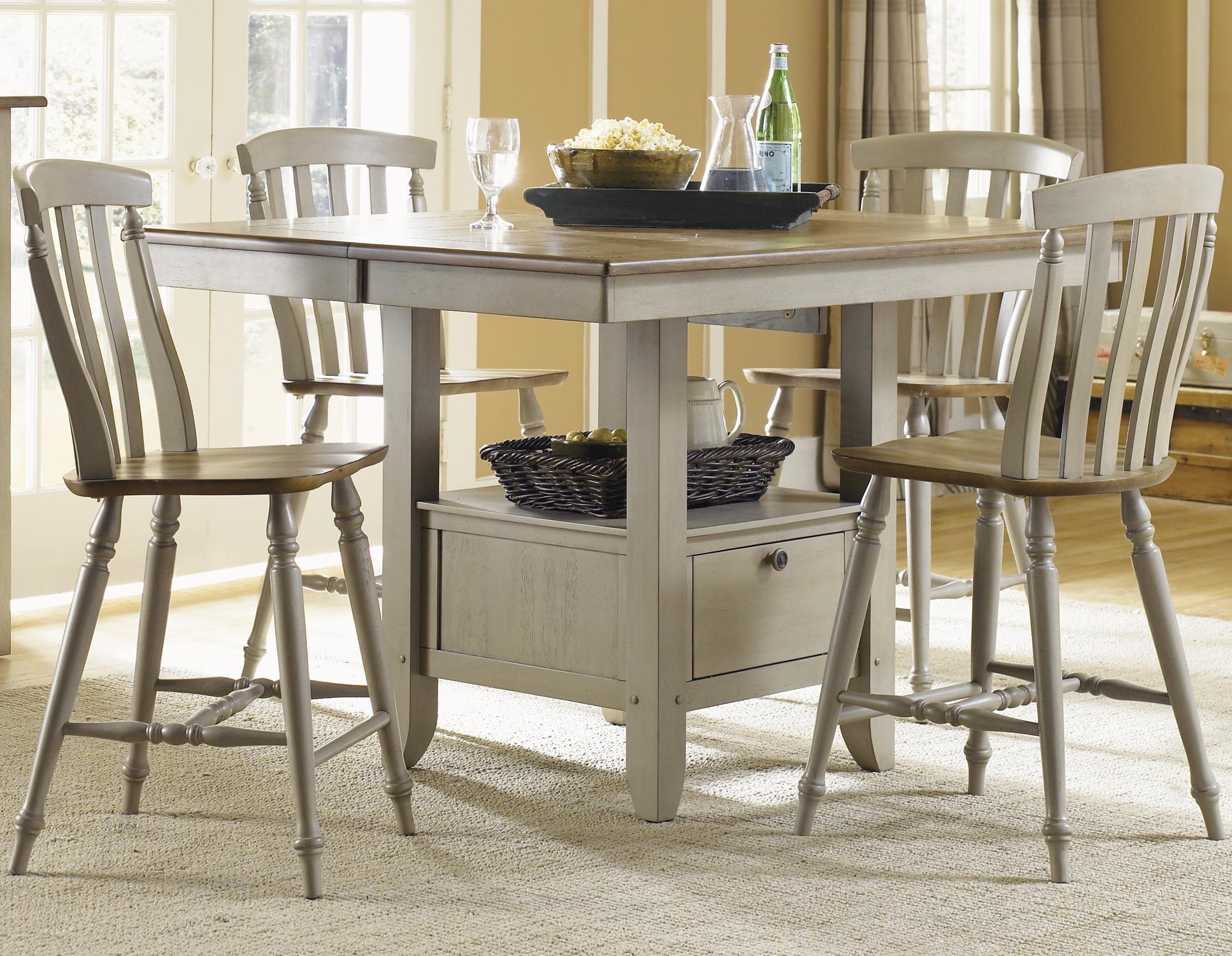 Five Piece Gathering Table with Counter Height Slat Back Chairs Set