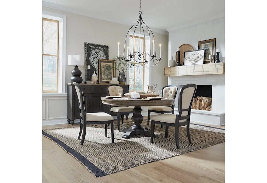 Americana Farmhouse Round Table and Upholsered Chair by Liberty Furniture at Johnny Janosik