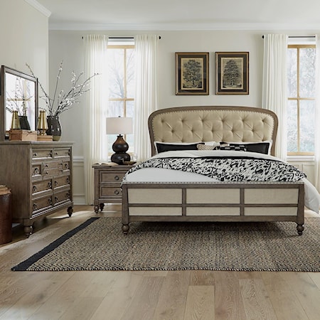 King Tufted Bed, Dresser, Mirror, Nightstand