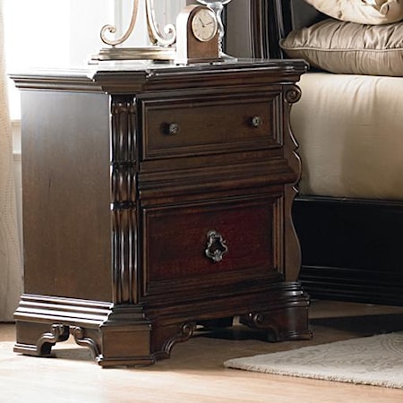2 Drawer Nightstand with Ornate Moulding and Burnished Brass Hardware