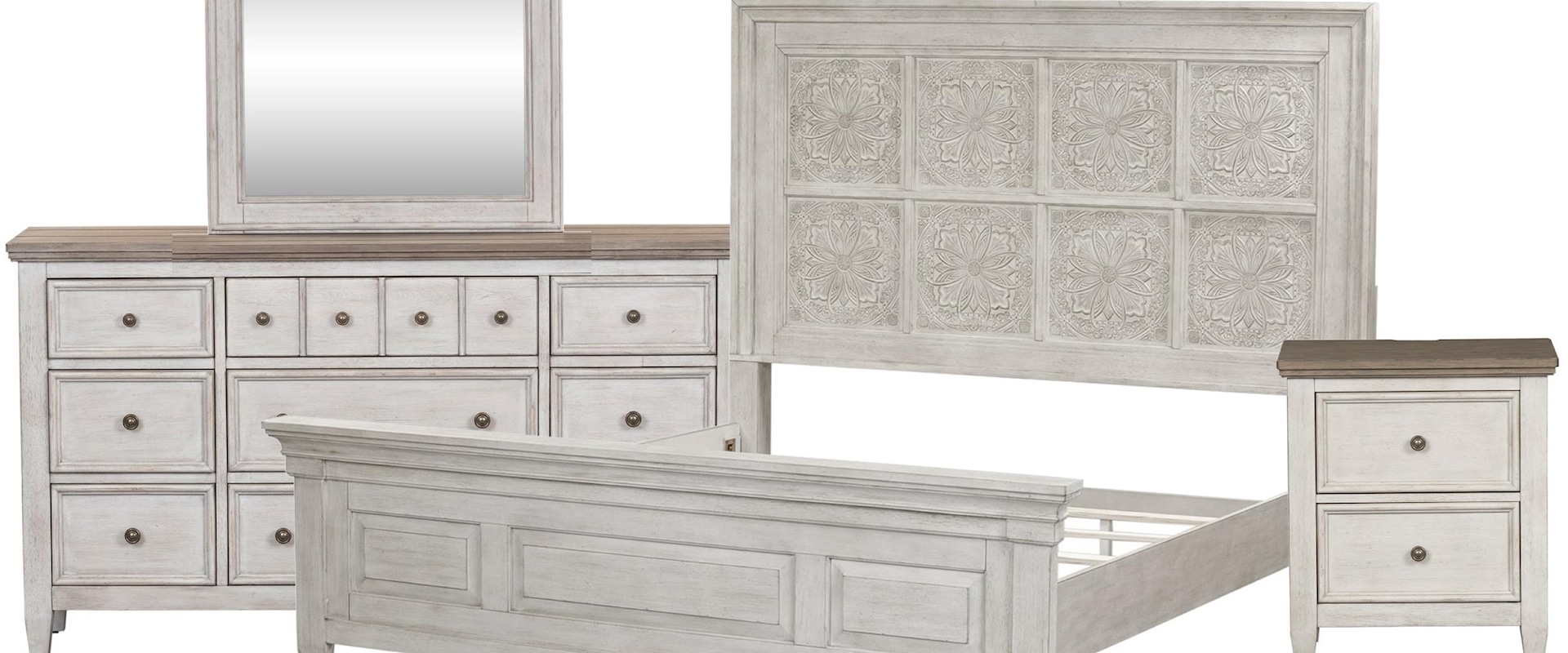 King Decorative Panel Bed, 9 Drawer Dresser, Landscape Mirror, 2 Drawer Nightstand