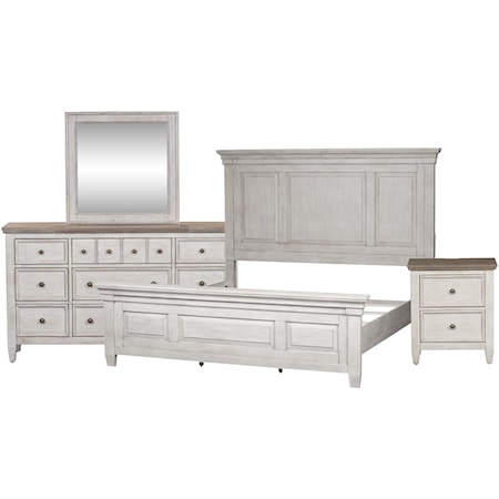King Panel Bed, Dresser, Mirror, Nightstand