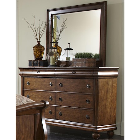 Eight-Drawer Dresser with Wood-Framed Landscape Mirror