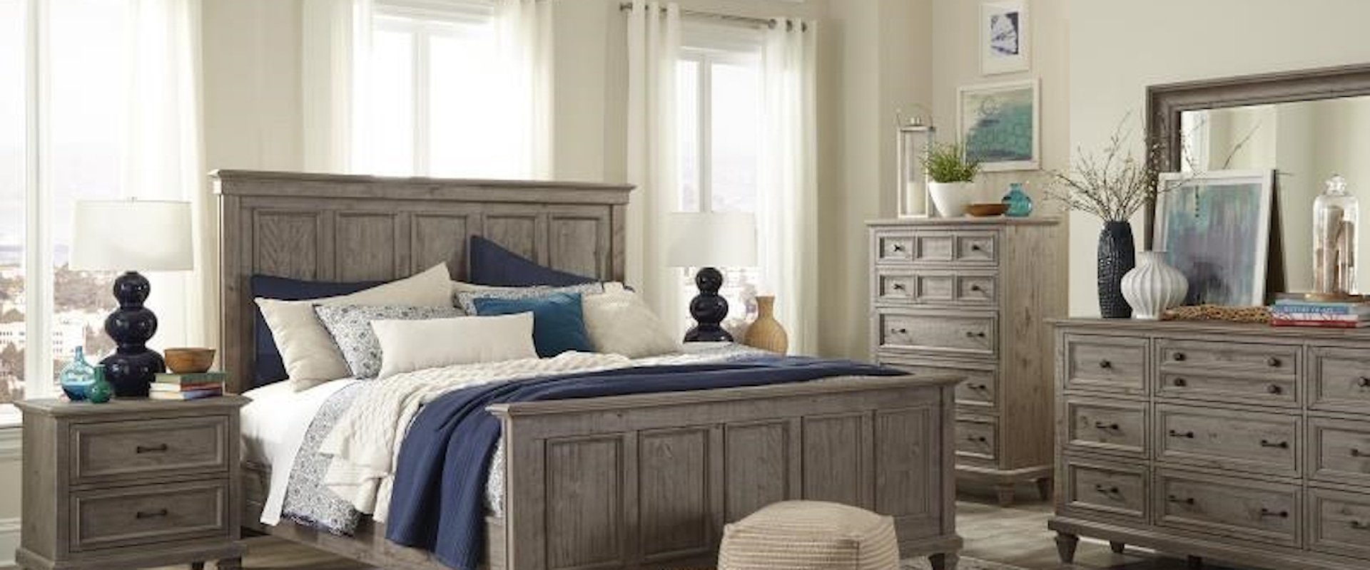 King Panel Bed, Dresser, Landscape Mirror, Nightstand