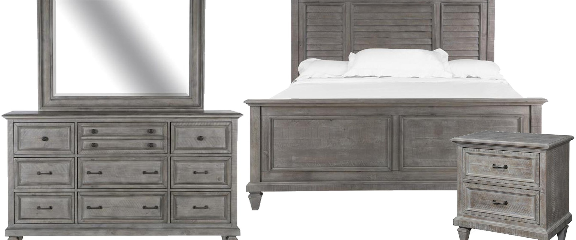 Queen Shutter Bed, 9 Drawer Dresser, Landscape Mirror, 2 Drawer Nightstand