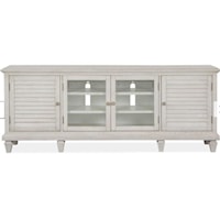Large 82 Inch Entertainment Console with Glass and Louvered Doors Finished in Alabaster
