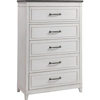 TWO-TONED ANTIQUE WHITE AND GREY 5 DRAWER CHEST WITH FELT LINED TOP DRAWER