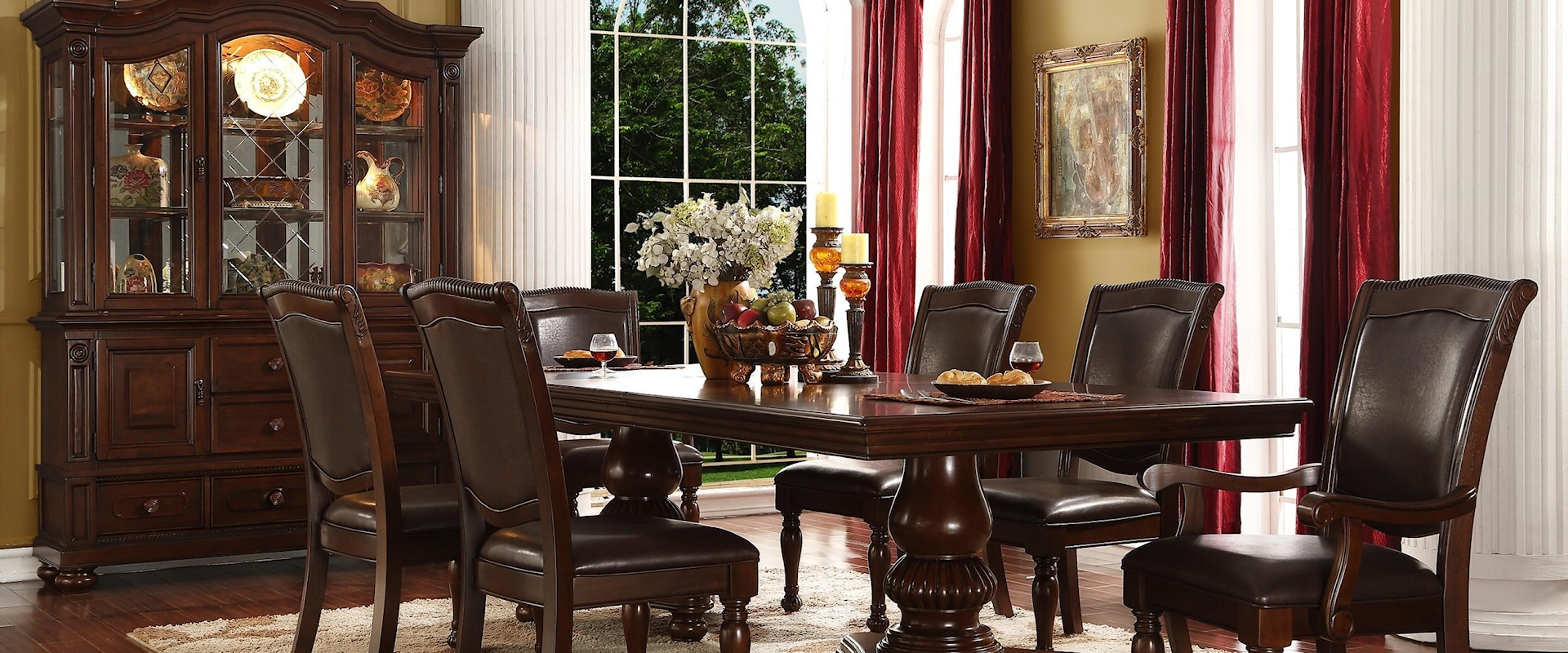 Brown Rich Wood Double Pedestal Dining 7PC Table Set