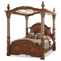Traditional California King Canopy Bed with Detailed Headboard and Marble Accents