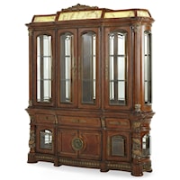 Traditional China Cabinet with 3 Velvet-Lined Drawers, Shelving, and Dual Lighting System
