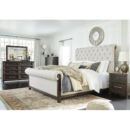 6 Piece King Upholstered Bed, Dresser, Mirror and Nightstand Set