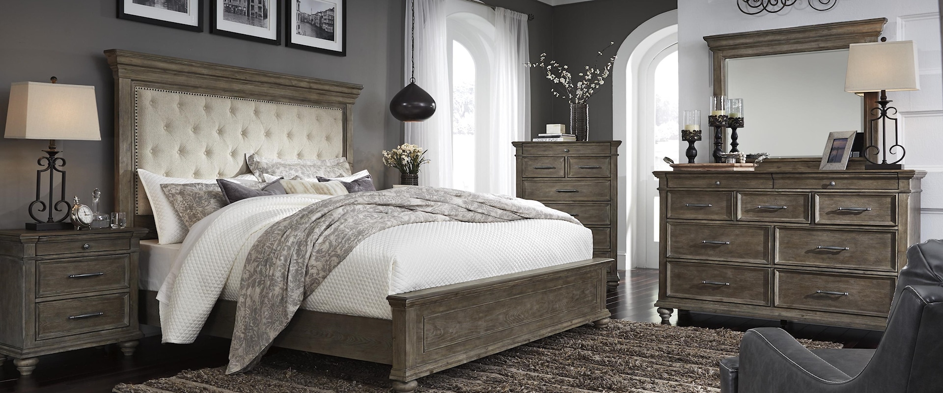 6 Piece Queen Upholstered Bed, Mirror, Dresser and Nightstand Set
