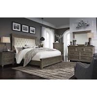 6 Piece King Upholstered Bed, Mirror, Dresser and Nightstand Set