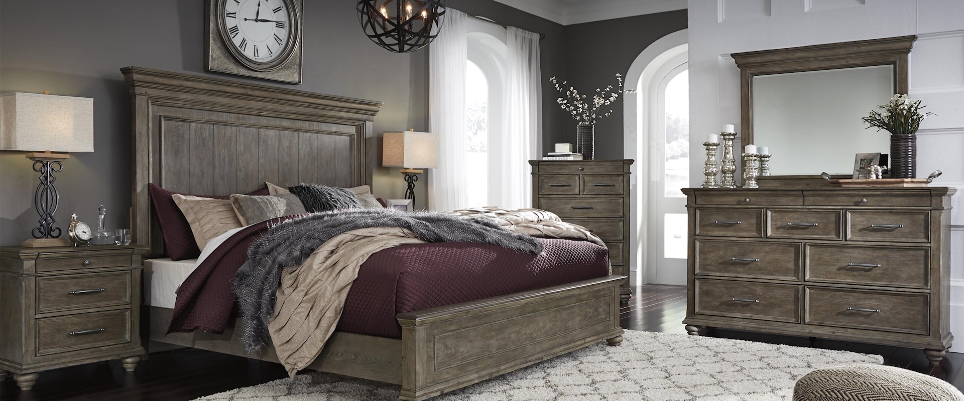 King Panel Bed, Dresser, Mirror and Nightstand Package