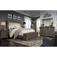 King Upholstered Bed with Storage Footboard, Dresser, Mirror and Nightstand Package