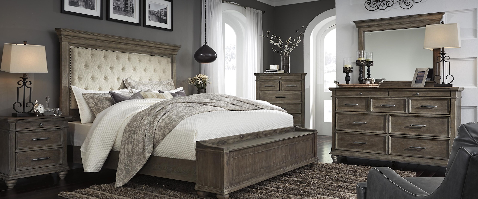 Queen Upholstered Bed with Storage Footboard, Dresser, Mirror, Nightstand and Chest