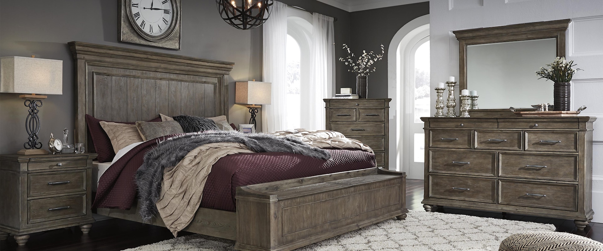 3 Piece King Panel Bedroom with Storage, 9 Drawer Dresser, Mirror, 3 Drawer Nightstand and 7 Drawer Chest Set