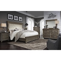 3 Piece King Upholstered Panel Bed, 6 Drawer Dresser, Mirror, 3 Drawer Nightstand and 5 Drawer Chest Set