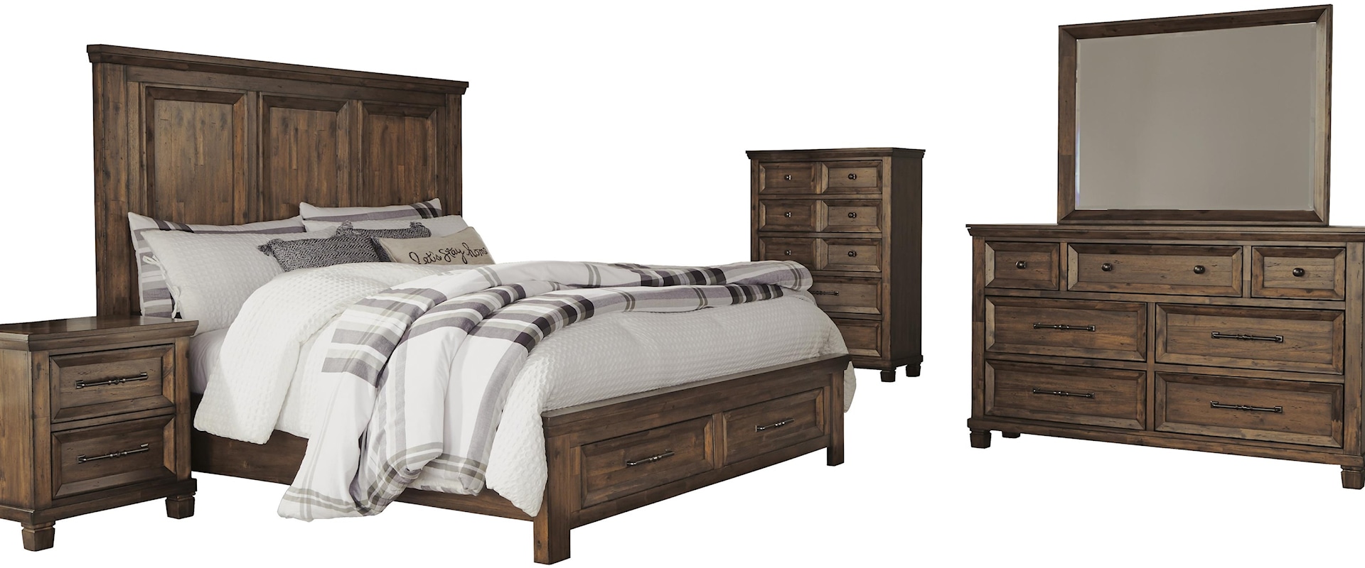 Queen Panel Bed with Storage Footboard, Dresser, Mirror and Nightstand Package