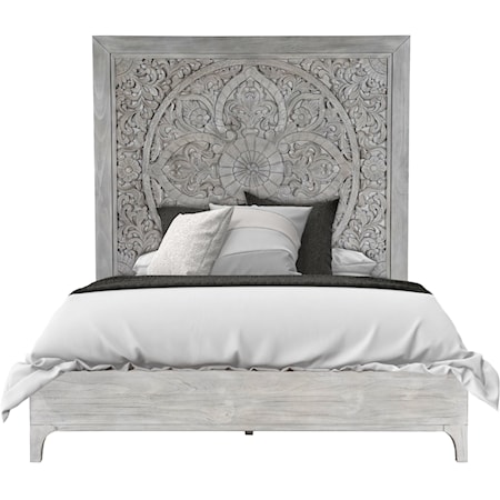 Queen Platform Bed in Washed White with Intricate Headboard