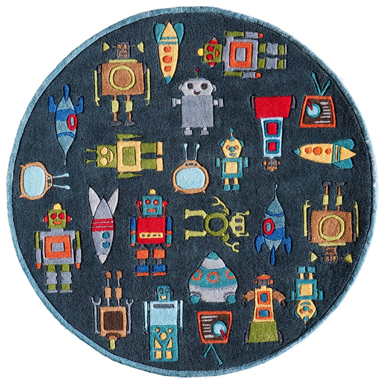 Momeni Lil Mo Whimsey Robots 5' X 5' Round Rug - Steel Blue