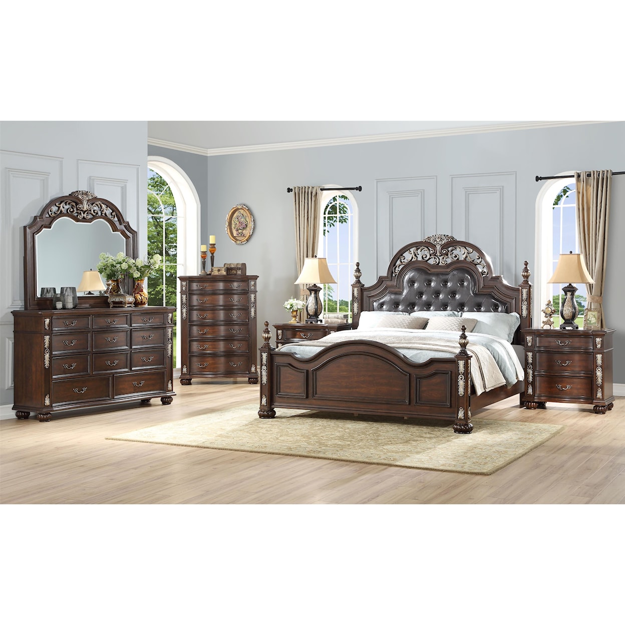 New Classic Maximus King Poster Bed with Upholstered Headboard