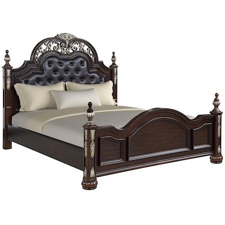 Queen Poster Bed with Upholstered Headboard