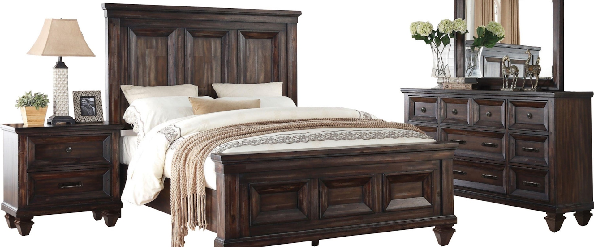 East King bed Dresser Mirror and 1 Nightstand