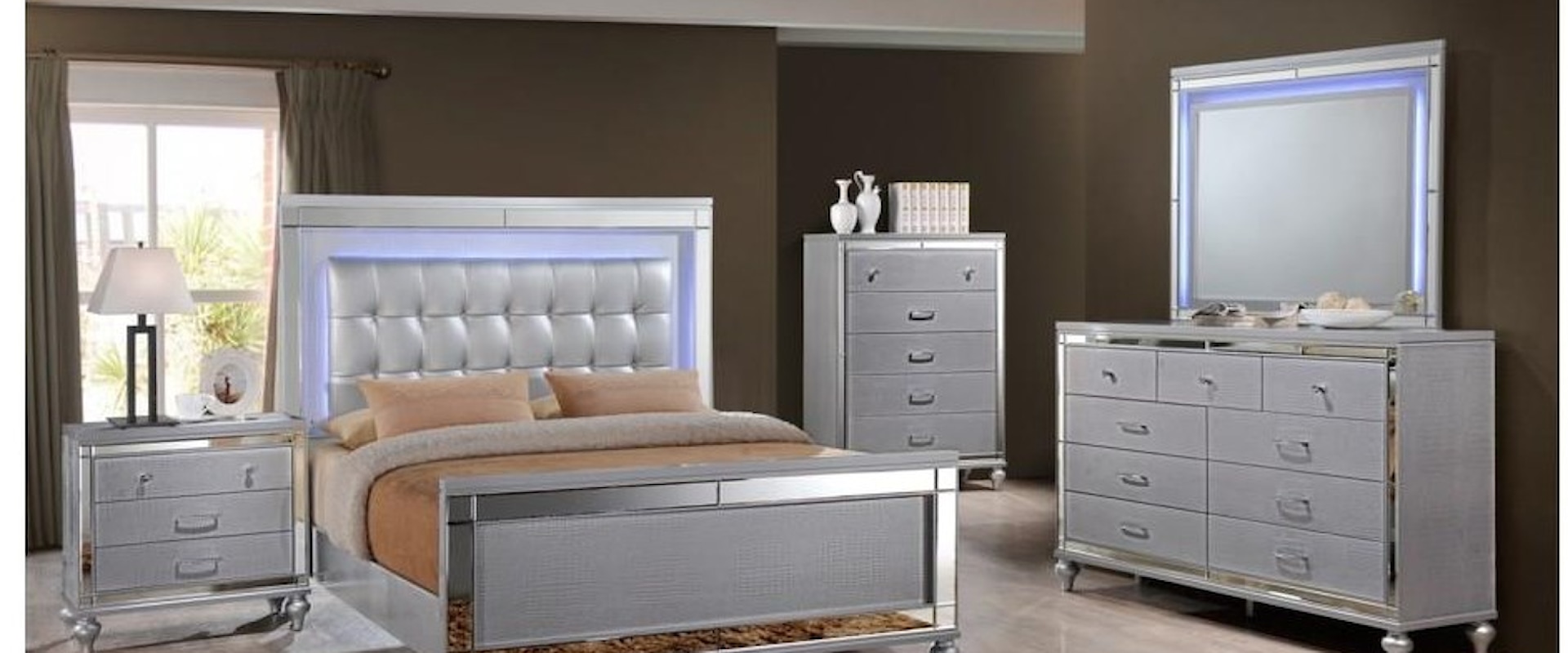 Queen Upholstered Panel Bed, Dresser, Mirror and Nightstand Package