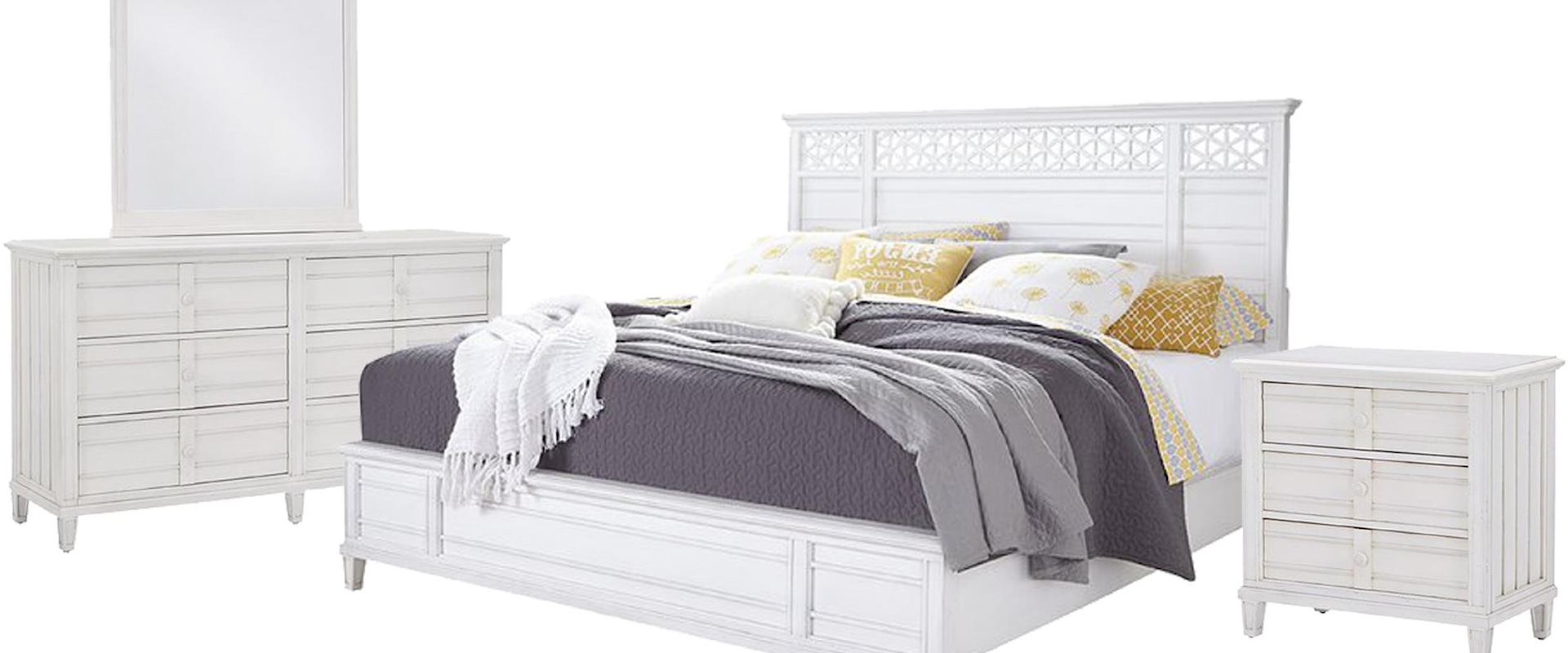 King Fretwork Panel Bed, 6 Drawer Dresser, Mirror, and 3 Drawer Nightstand