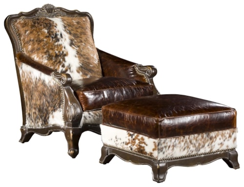 Traditional Accent Chair and Ottoman Set with Exposed Wood Carvings and Nail Head Trim