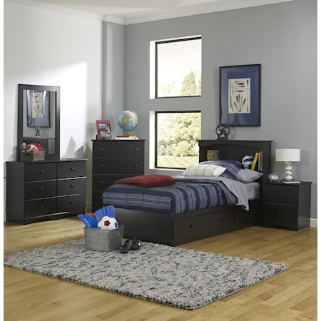 Full Bookcase Headboard, Dresser, Mirror and Nightstand Package