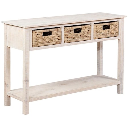 Coastal Console with Woven Baskets and Shelf