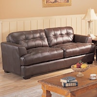 Leather Sofa with Button Tufted Back & Exposed Wood Legs
