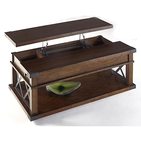 Industrial Castered Lift-Top Cocktail Table with X-Shaped Metal Motifs 