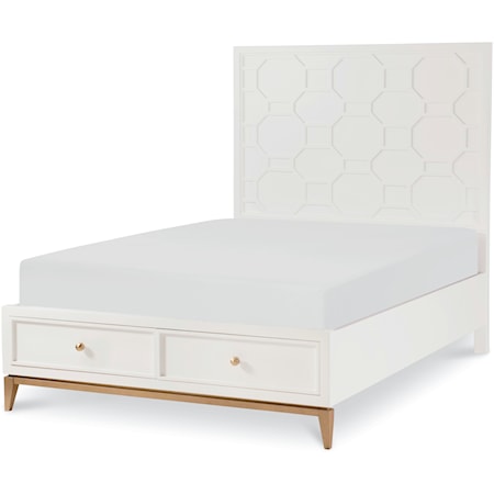 Full Panel Bed with Storage Footboard and Gold Accents