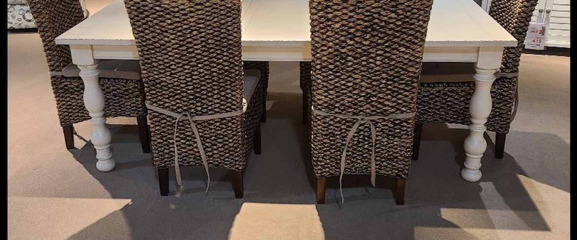 Casual Distressed Dining Table with 6 Woven Seagrass Dining Chairs
