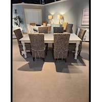 Casual Distressed Dining Table with 6 Woven Seagrass Dining Chairs