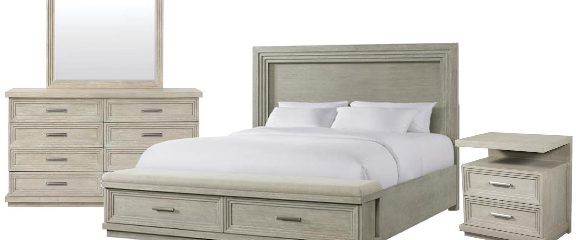 King illuminated Storage Panel Bed, 8 Drawer Dresser, Mirror, 2 Drawer Nightstand