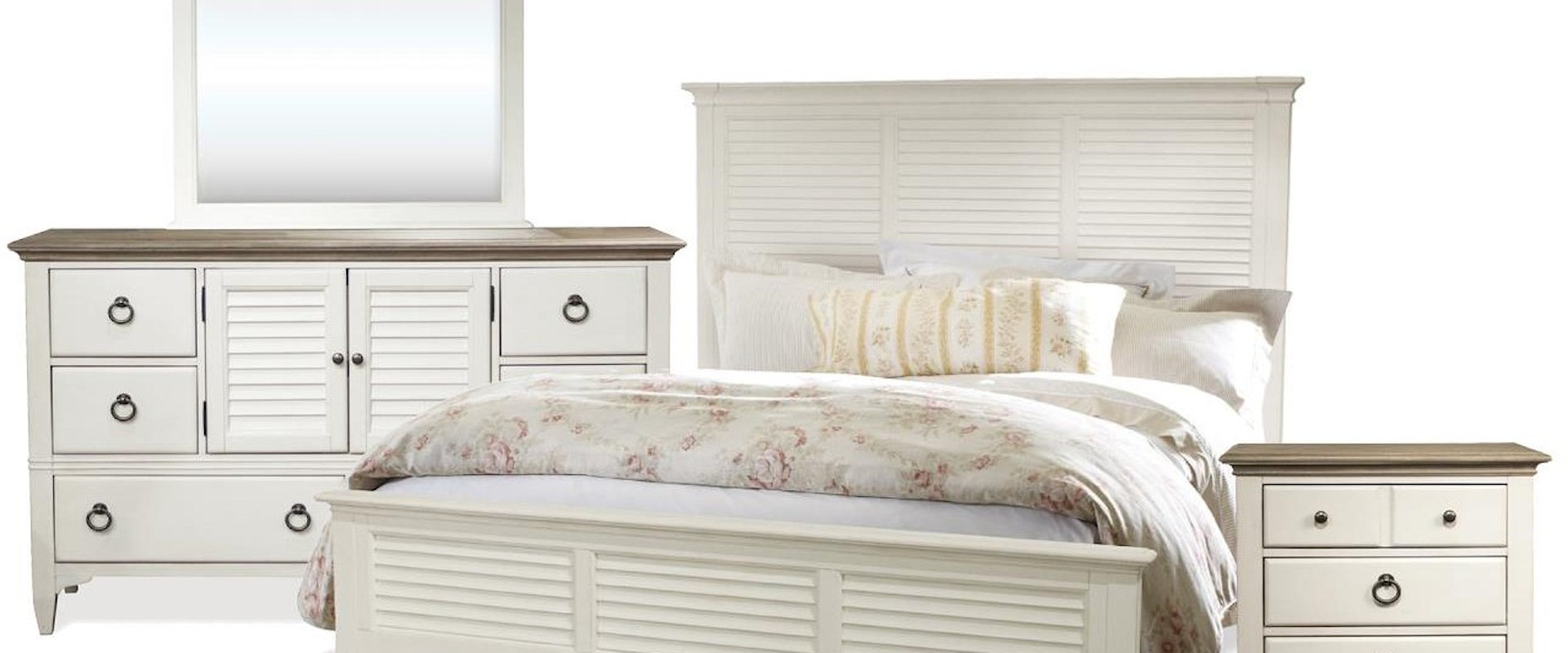 Transitional King Louver Bed, Shutter Drawer Dresser, Landscape Mirror, and 3 Drawer Nightstand