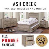 Set includes Twin Bed, Dresser, Mirror, Chest, with Freebie Nightstand! *Trundle Sold Separately