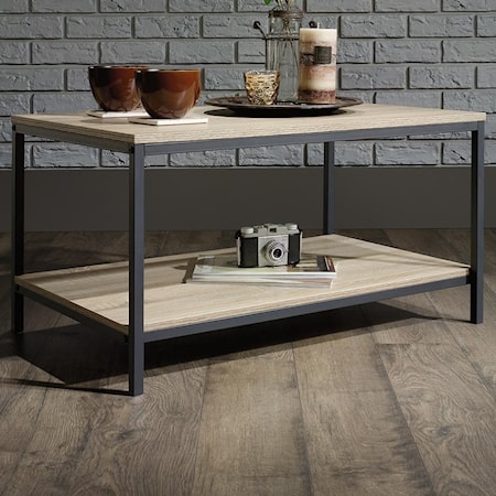 Metal Coffee Table with Rustic-Look Top and Shelf