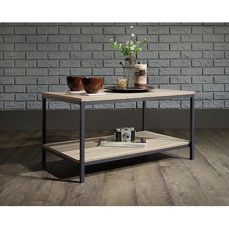 Metal Coffee Table with Rustic-Look Top and Shelf