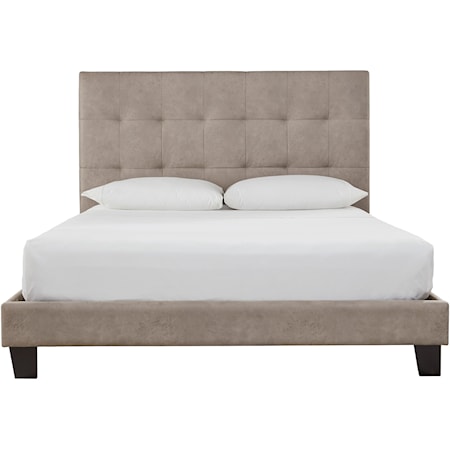 Queen Upholstered Bed with Tufted Headboard in Light Brown Faux Leather