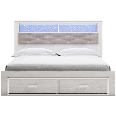 King Storage Bed with Upholstered Bookcase Headboard